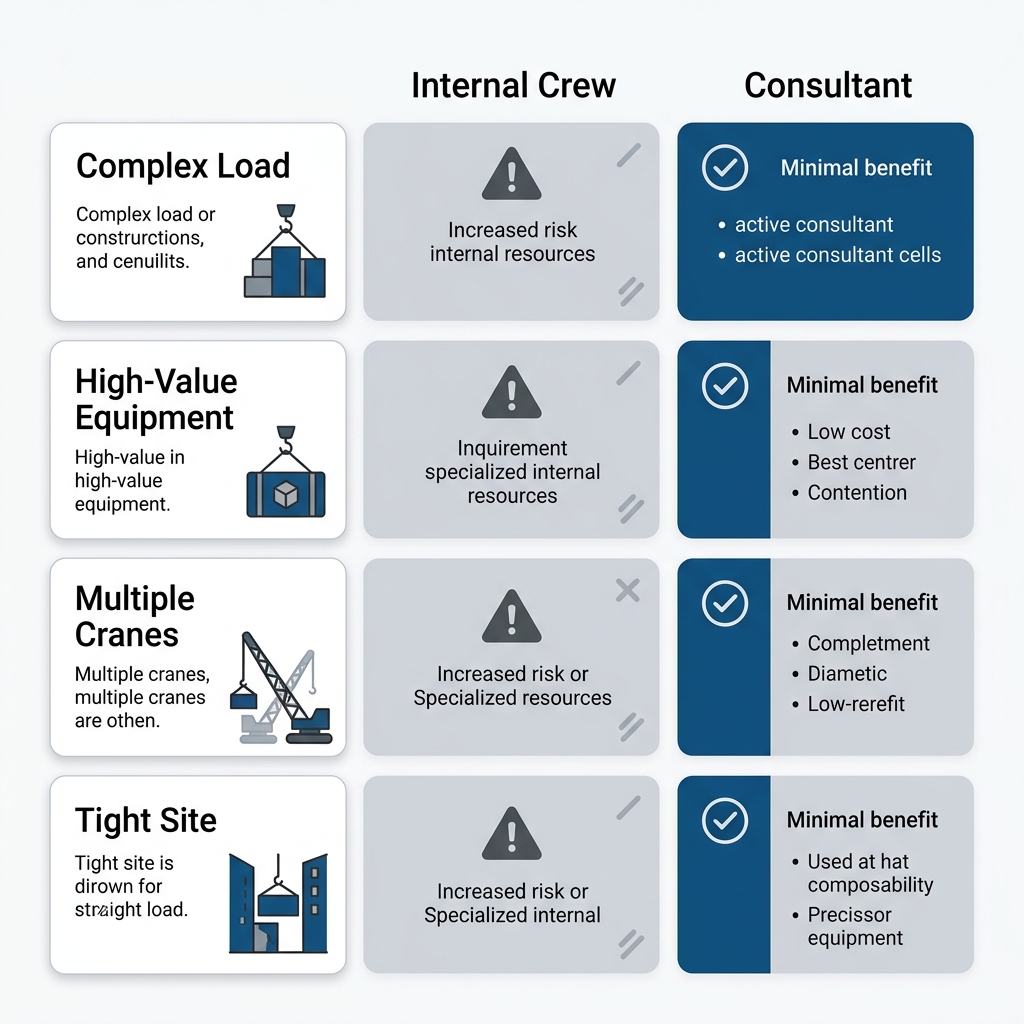 Decision matrix infographic comparing four critical lift scenarios between using internal crew and hiring a rigging consultant, with OSHA compliance reference
