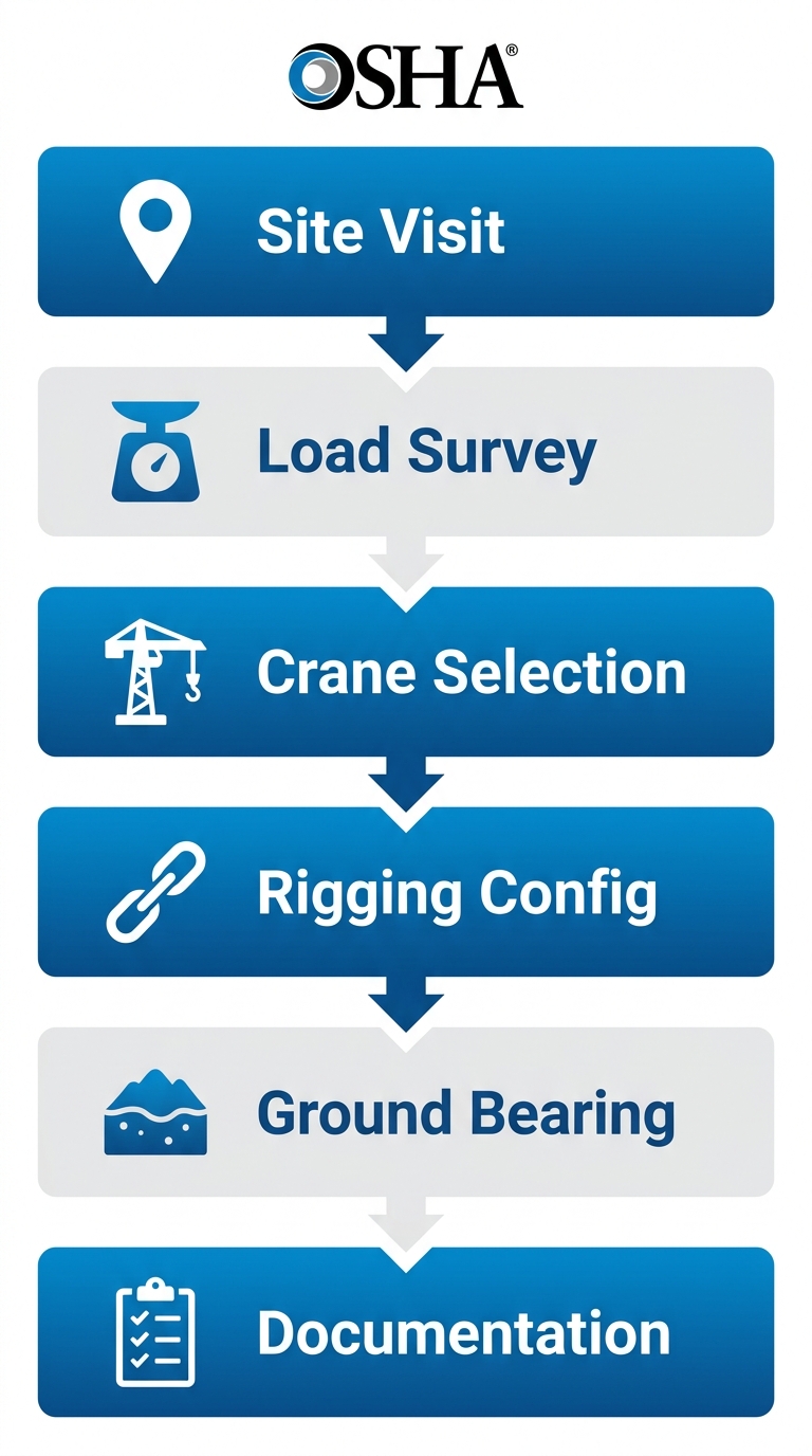 Vertical diagram of six critical lift planning stages with icons and arrows