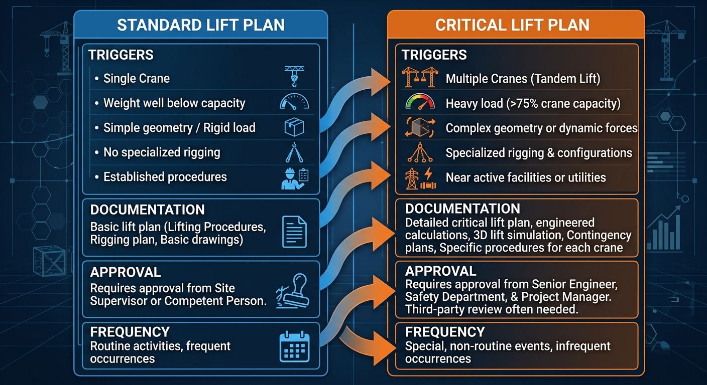 Two-column infographic comparing ordinary lift plan on left in blue and critical lift plan on right in orange, with characteristics and escalation arrows.