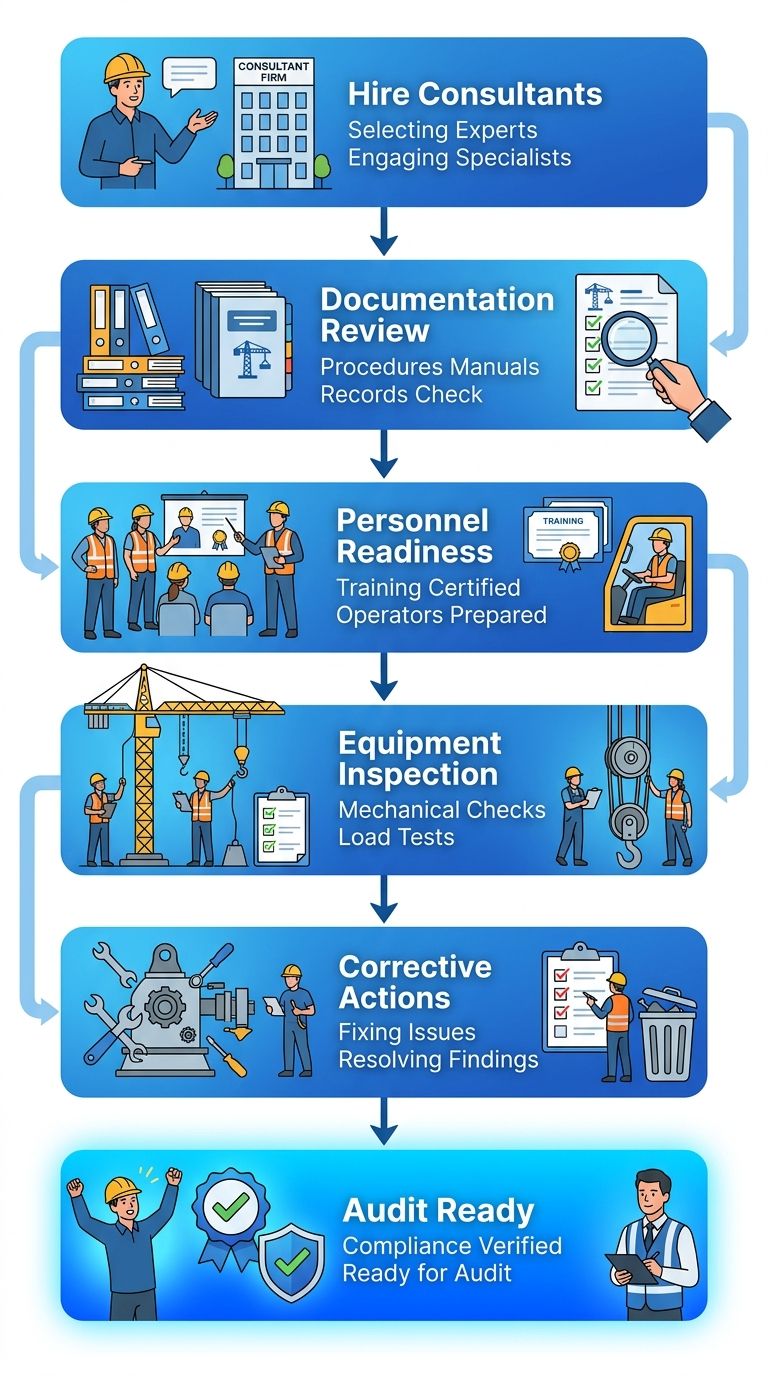 Six-step vertical process flow for crane safety audit preparation: Hire Consultants, Documentation Review, Personnel Readiness, Equipment Inspection, Corrective Actions, and Audit Ready