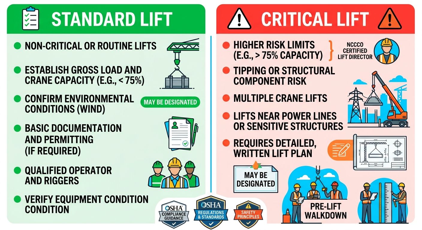 Comparison infographic of standard lift and critical lift requirements showing green and red columns with checklists and warning icons