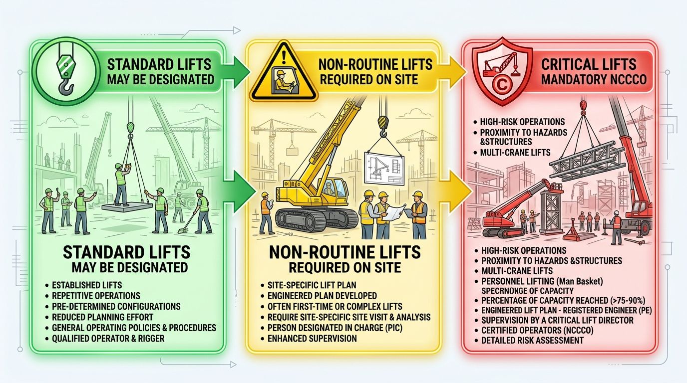 Infographic of ASME P30.1 lift categories: Standard Lifts in green, Non-Routine Lifts in yellow, Critical Lifts in red, with connecting arrows.