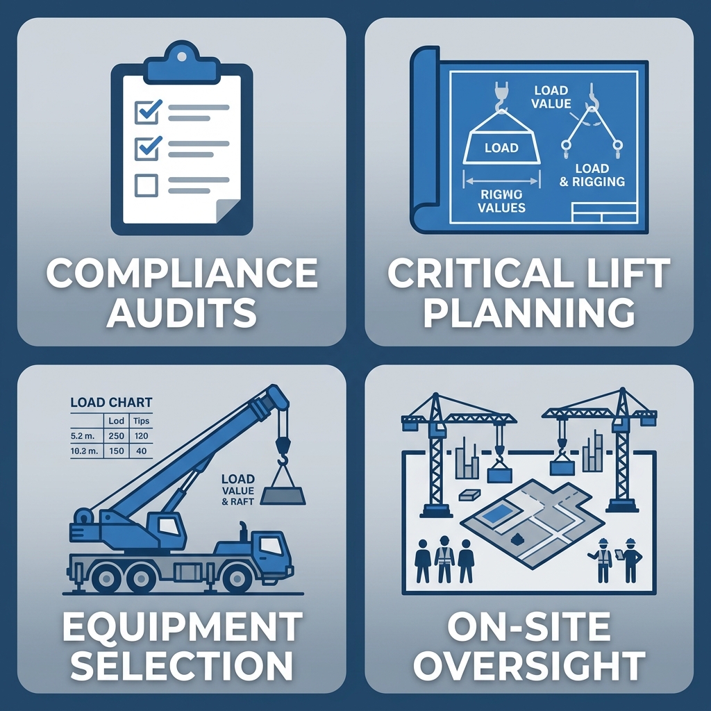Modern infographic with four clean panels showing crane consultant services: Compliance Audits with clipboard icon, Critical Lift Planning with blueprint icon, Equipment Selection with crane icon, and On-Site Oversight with site plan icon. Blue and gray color scheme, no text headers.
