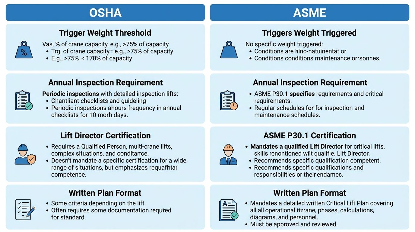 Infographic comparing OSHA and ASME critical lift requirements across four criteria: trigger weight threshold, annual inspection, lift director certification, and written plan format.
