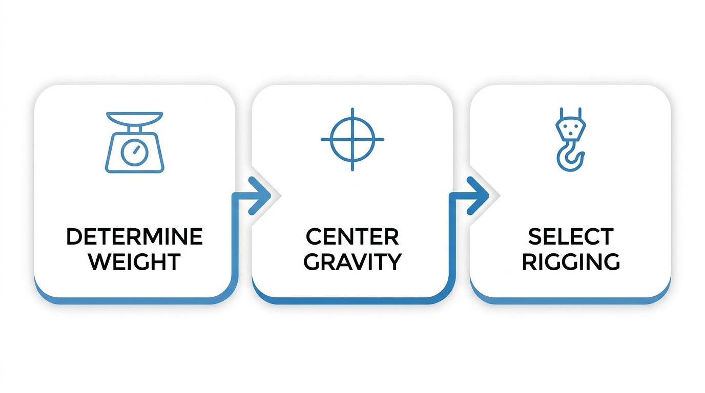 Process flow diagram showing three steps of crane lift load calculation: determine load weight, locate center of gravity, select rigging configuration, with icons of scale, crosshair, and hook.