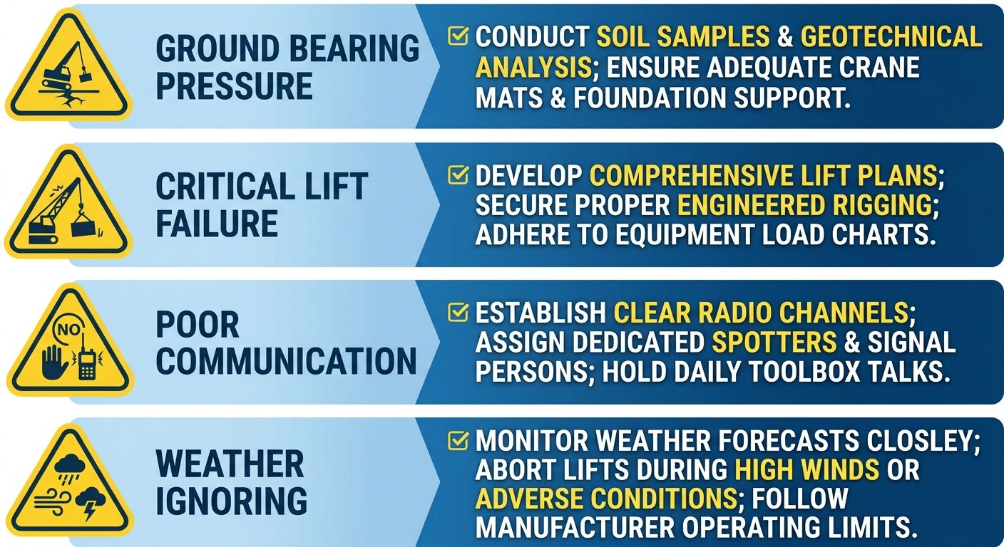Infographic of four common crane lift planning mistakes with avoidance strategies