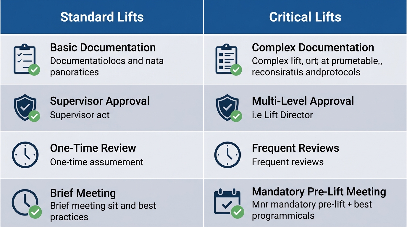 Infographic comparing standard lift plan and critical lift plan requirements including documentation, approval levels, and meeting frequency for crane operations