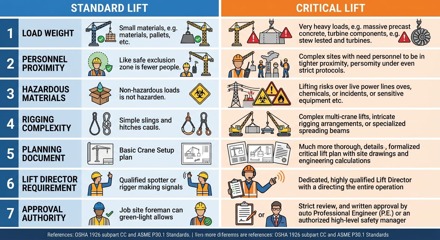 Infographic comparing Standard Lift and Critical Lift crane operations across seven safety factors