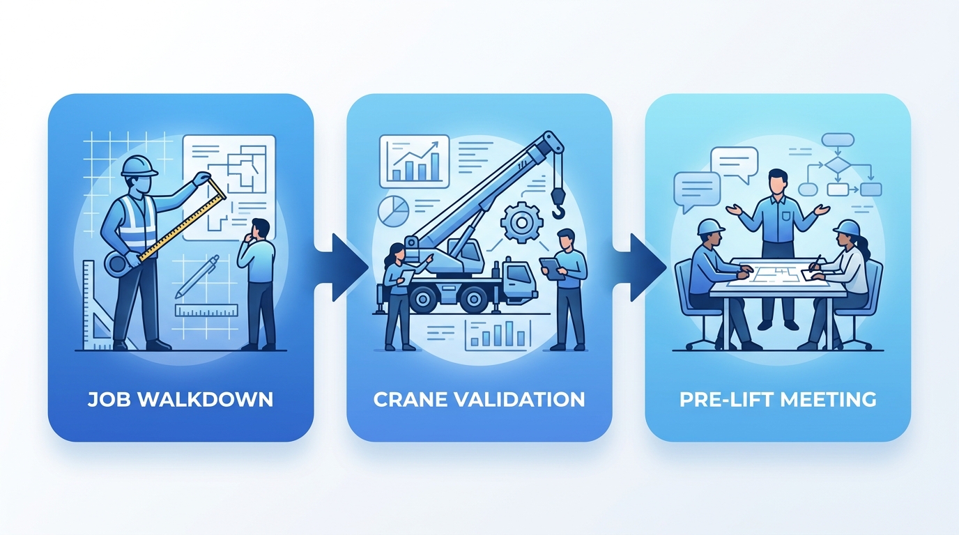 Three-step horizontal process flow for NCCCO-compliant lift plan: Job Walkdown, Crane Validation, and Pre-Lift Meeting