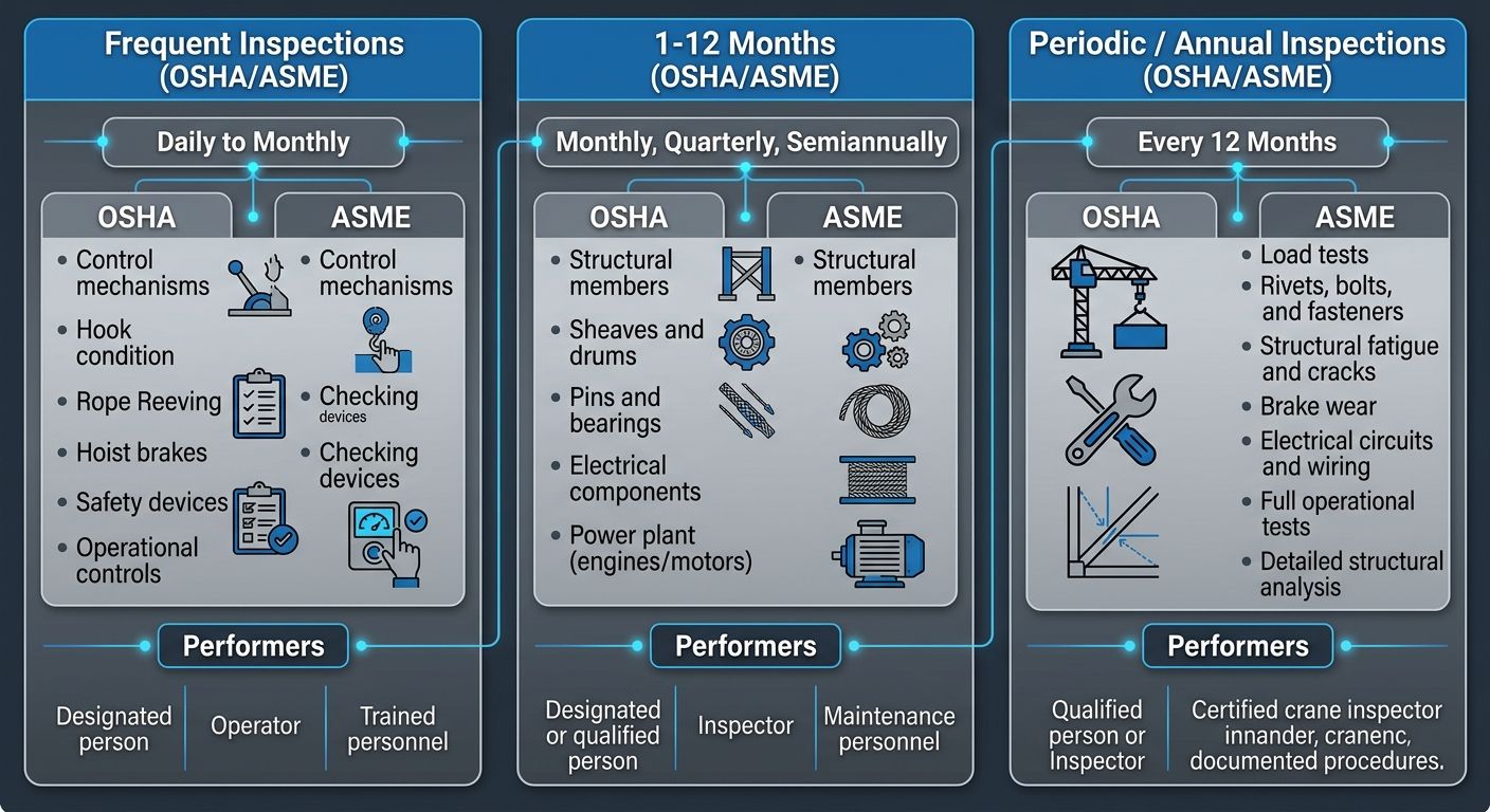 Comparison infographic with three columns for frequent, periodic, and annual crane inspections under OSHA and ASME B30.5, showing frequency, scope, and who performs each inspection