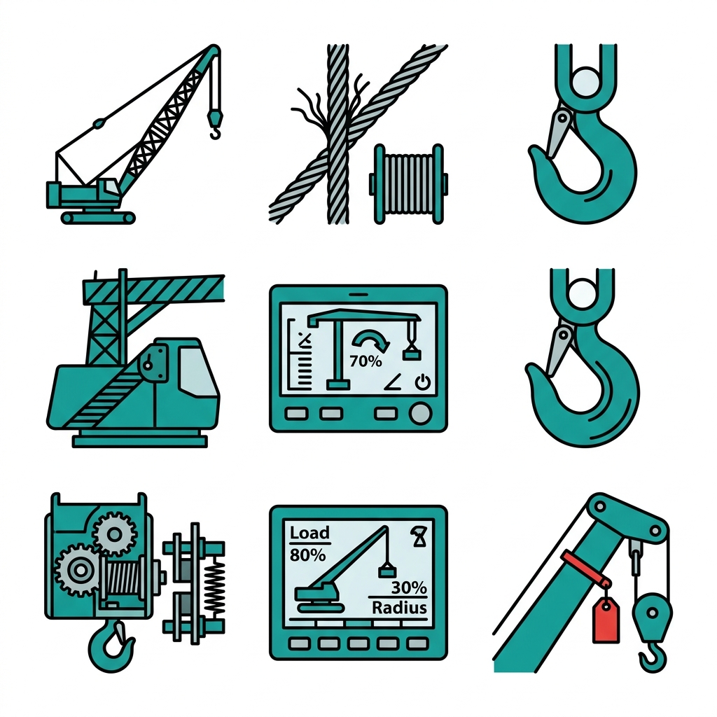 Icon grid showing six crane inspection components: boom/jib, wire rope, hooks, hoist, load indicator, anti-two-block device in teal and black