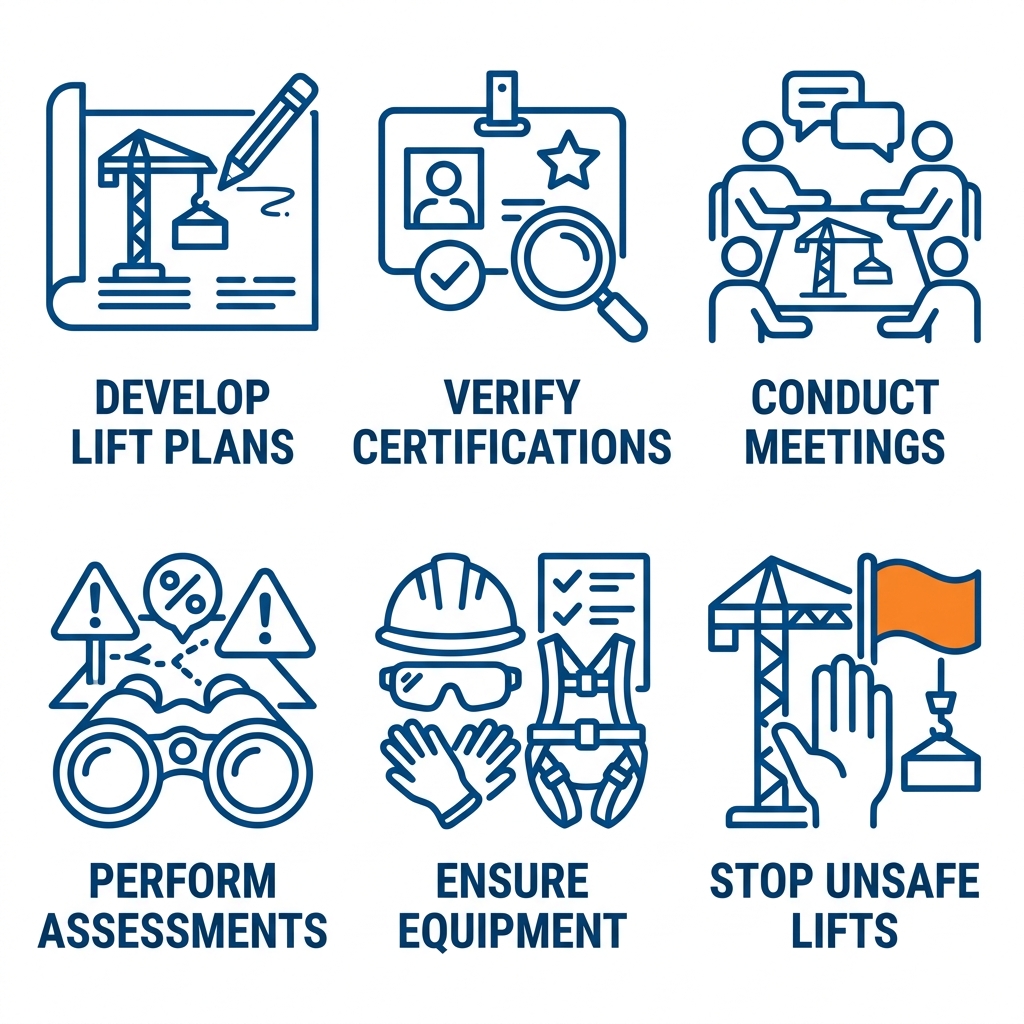 Six outline icons representing lift director responsibilities: lift plans, crew certifications, pre-lift meetings, hazard assessments, safety equipment, and stop authority
